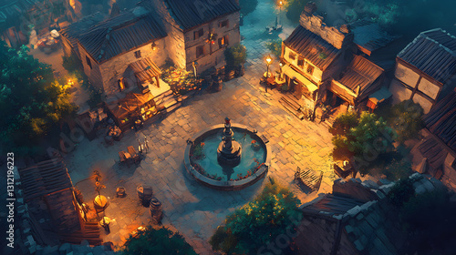 Enchanting Medieval Town Square at Dusk - Aerial View