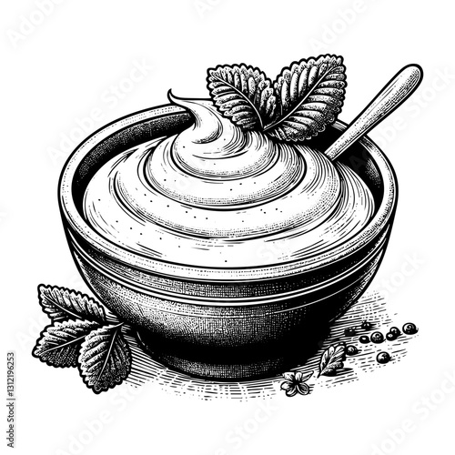 Bowl of yogurt sketch engraving black and white outline. Scratch board imitation.
