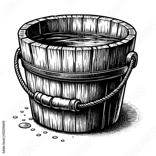 Wooden bucket sketch engraving black and white outline. Scratch board imitation.