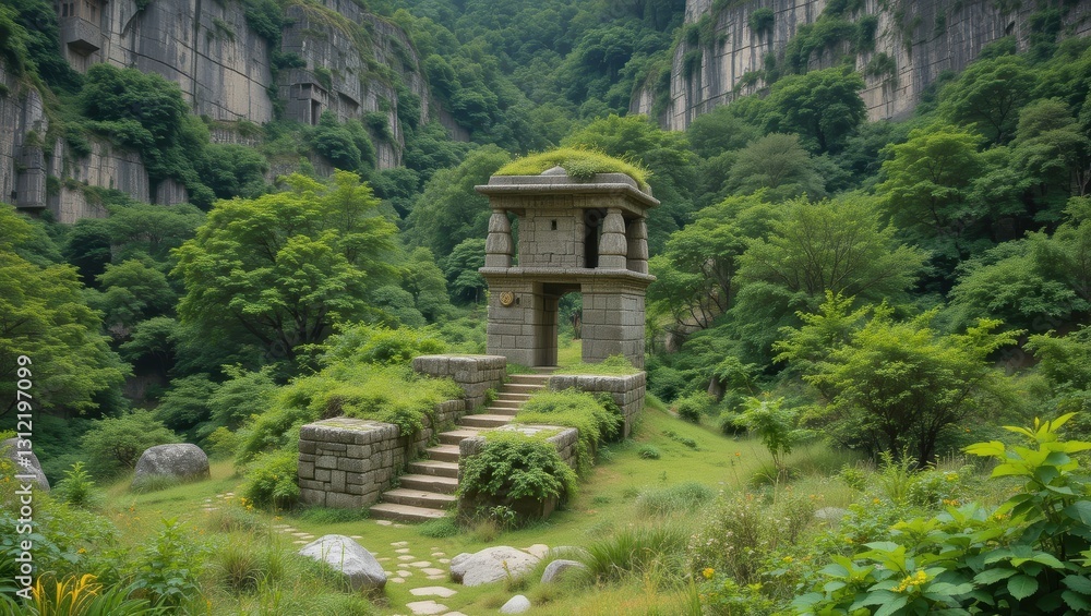 Ancient Stone Tower Ruins Surrounded by Vibrant Greenery in a Serene Mountain Landscape Ancient Stone Tower Ruins Surrounded by Vibrant Greenery in a Serene Mountain Landscape