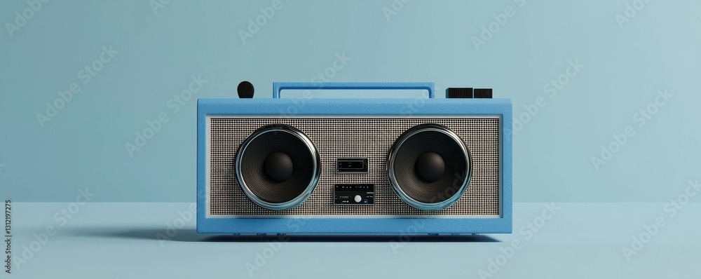 Fototapeta premium A vintage-style blue boombox with two speakers sits against a light blue backdrop, evoking a sense of nostalgia.