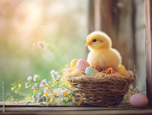 Baby Chick Standing on a Basket of Easter Eggs photo