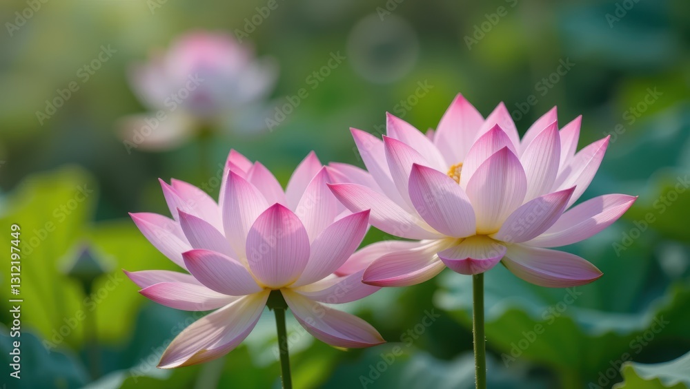 Delicate Pink Lotus Flowers Blooming in a Lush Green Garden During Morning Light Delicate Pink Lotus Flowers Blooming in a Lush Green Garden During Morning Light