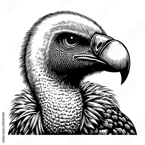 Vulture portrait sketch engraving black and white outline. Scratch board imitation.  illustrated in vintage line art style on a white background.