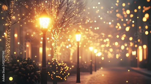 Festive street scene adorned with enchanting fairy lights at night