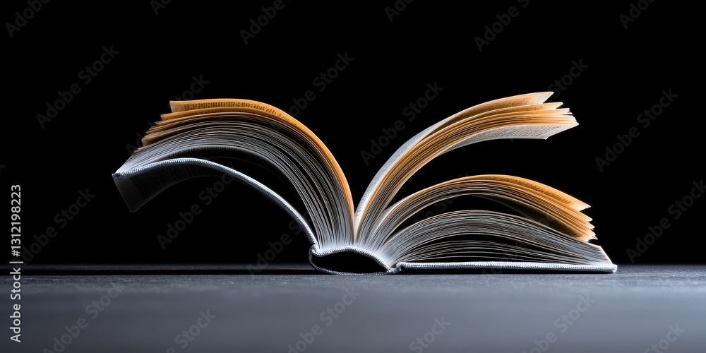 Naklejka premium Open Book with Pages Fanned Out on Dark Background Reading Concept, Education Study Image