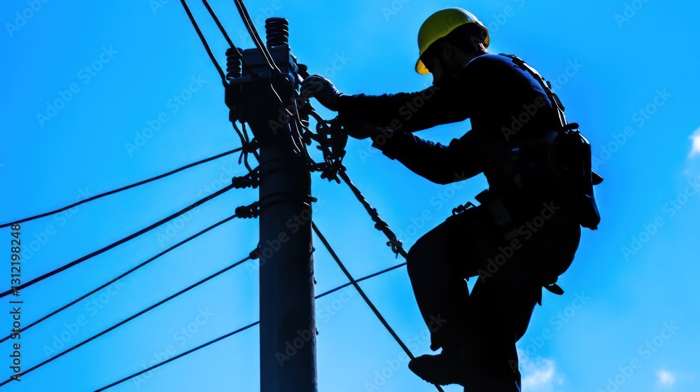 Silhouette of a lineman working on power lines Silhouette of a lineman working on power lines