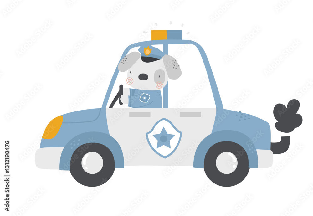 Vector illustration of cartoon cute dog in police officer uniform rides on police patrol car. Transportation for kids. Police station. Emergency. Cute emergency vehicle. Patrol car. Animal police.