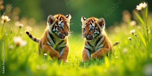 Two Adorable Tiger Cubs Playing Joyfully in a Sunny Meadow of Wildflowers