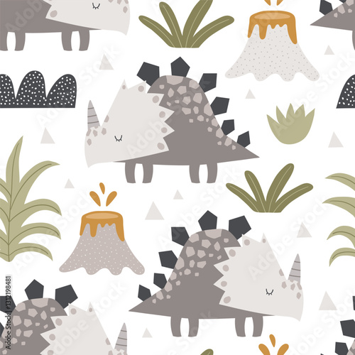 Vector seamless pattern with cute cartoon dinosaurs, tropical plants, leaves and volcanoes. Triceratops. Jurassic period. Jungle. Creative kids texture for fabric, wrapping, textile, wallpaper.