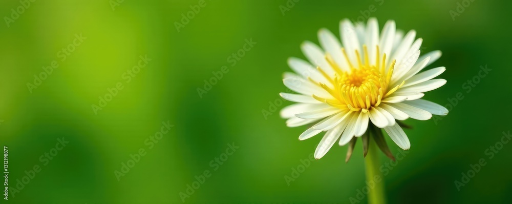 Fototapeta premium Delicate dandelion macro flower on green leaf, botanicalart, sunflower