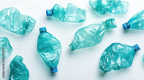 Crumpled plastic bottles scattered and isolated on a white background, representing recycled plastic materials and highlighting their environmental impact. photo