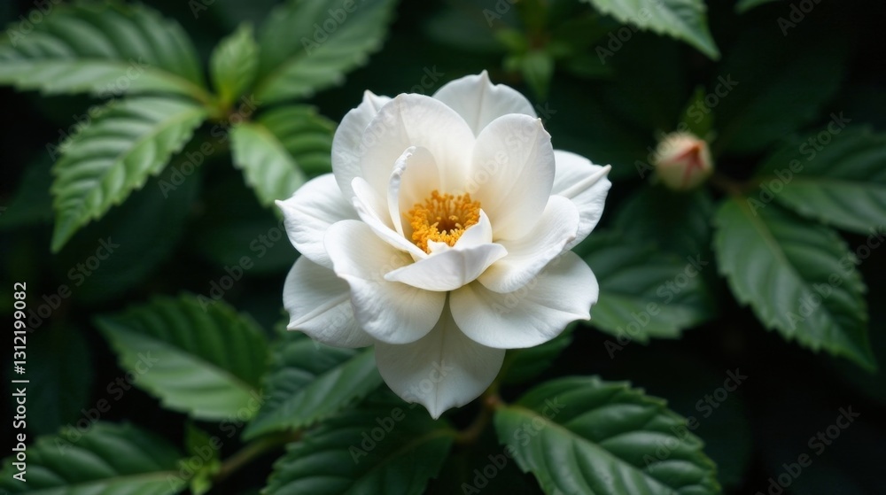 A Delicate White Blossom Flourishes Amidst Lush Green Foliage, a Stunning Display of Natural Beauty A Delicate White Blossom Flourishes Amidst Lush Green Foliage, a Stunning Display of Natural Beauty