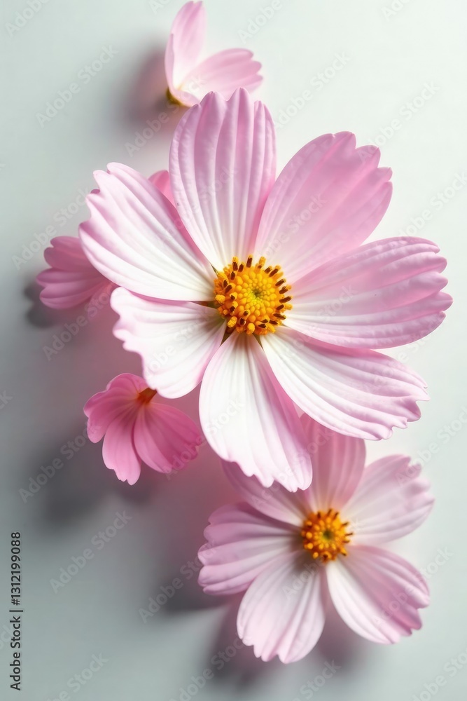 Fototapeta premium Delicate Cosmos petals unfolding on a soft white surface, flora, floral, peaceful