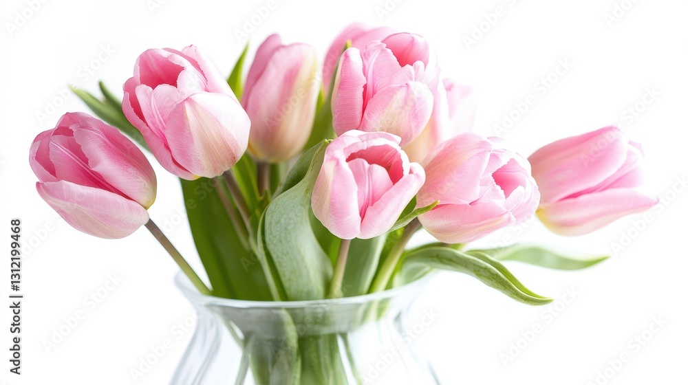 Delicate pink tulip flowers arranged in a clear glass vase, isolated against a white background, showcasing their elegance and beauty. Delicate pink tulip flowers arranged in a clear glass vase, isolated against a white background, showcasing their elegance and beauty.