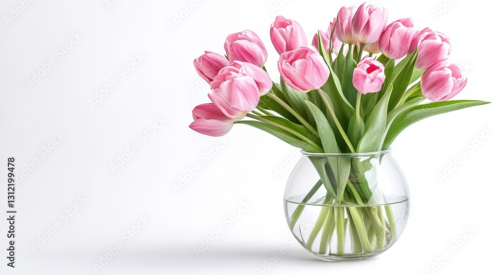 Delicate pink tulip flowers arranged in a clear glass vase, isolated against a white background, showcasing their elegance and beauty. Delicate pink tulip flowers arranged in a clear glass vase, isolated against a white background, showcasing their elegance and beauty.