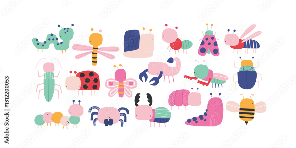 custom made wallpaper toronto digitalVector illustration cute cartoon simple colorful insects for kids. Beetle, praying mantis, spider, wasp, bee, ladybug, snail, butterfly, ant, caterpillar, dragonfly, scorpion, moth. Scandinavian.