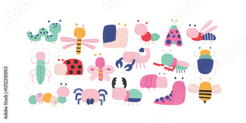 Vector illustration cute cartoon simple colorful insects for kids. Beetle, praying mantis, spider, wasp, bee, ladybug, snail, butterfly, ant, caterpillar, dragonfly, scorpion, moth. Scandinavian.