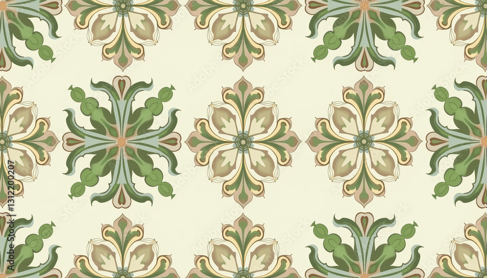 Fototapeta premium Elegant vintage floral ornament in pastel green and beige hues with seamless texture