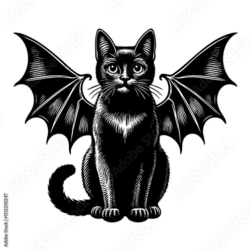 Black cat with bat wings engraving black and white outline. Scratch board imitation.  illustrated in vintage line art style on a white background.
