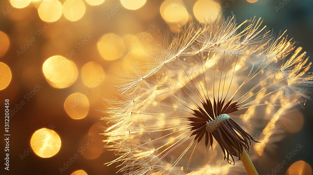 Obraz premium Graceful dandelion seed head drifting in the wind, the intricate pattern of its seeds glistening in the light, symbolizing the beauty of nature s fresh starts