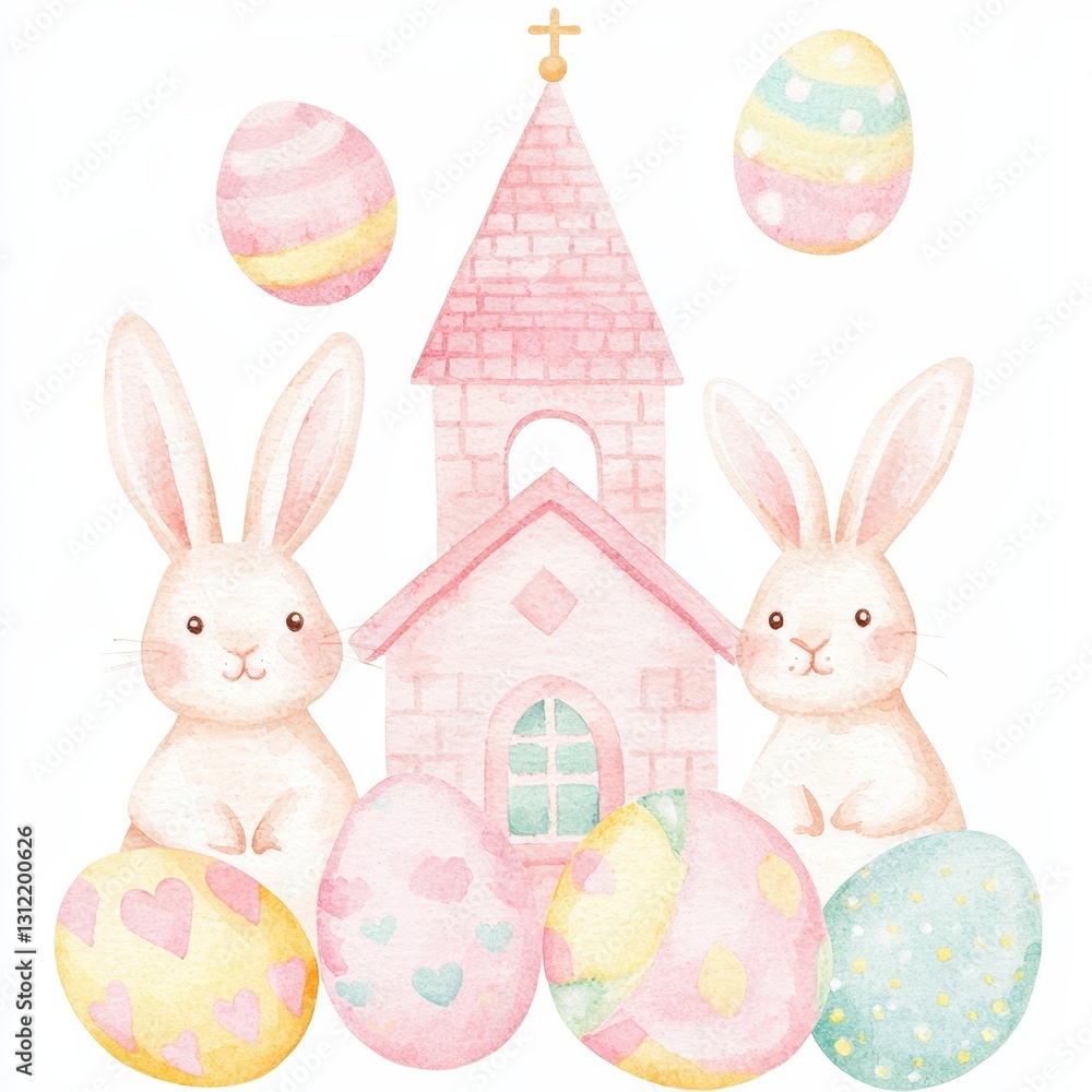 Obraz premium Cute watercolor bunnies and pastel Easter eggs with a charming church in a festive scene