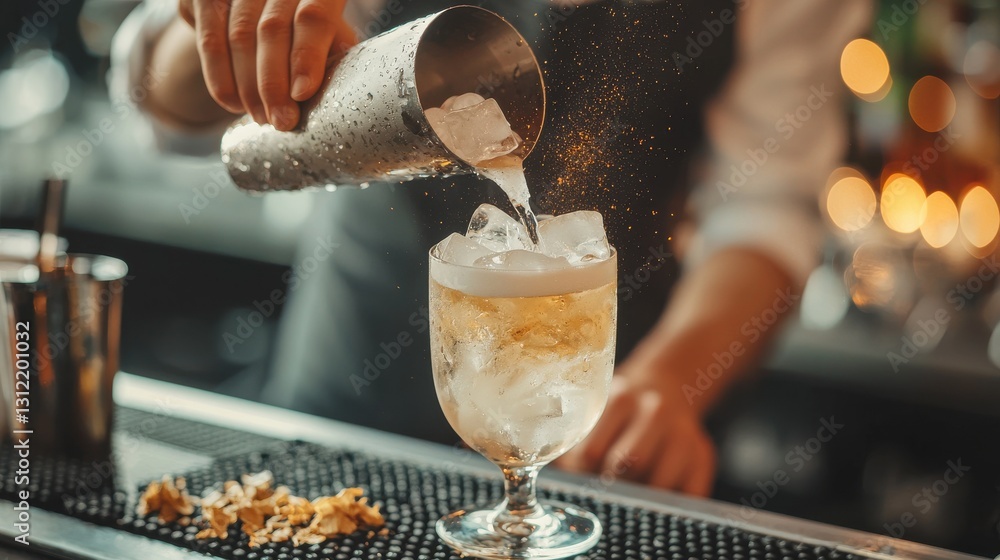 Obraz premium Bartender Pours Cocktail Freshly Made with Ice at Bar, Beverage for Celebration