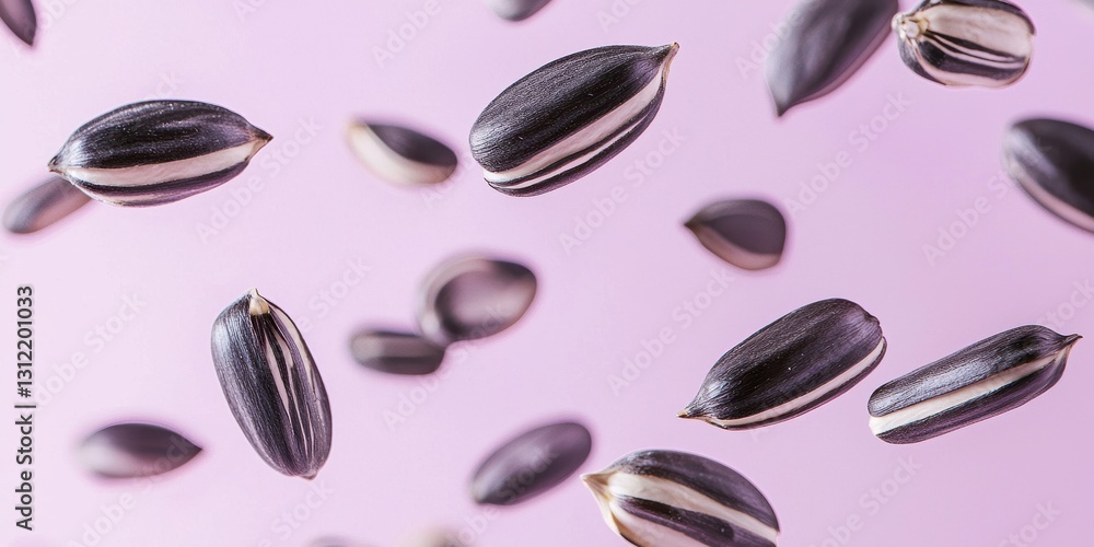 Floating sunflower seeds with smooth black-and-white shells on a pastel purple background Floating sunflower seeds with smooth black-and-white shells on a pastel purple background