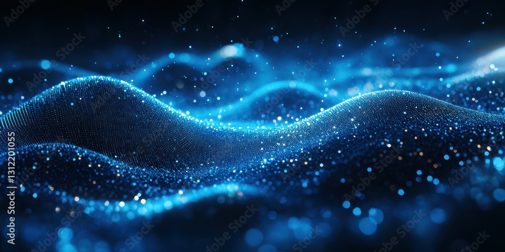 Dynamic blue wave patterns illuminated by shimmering particles create a mesmerizing visual experience in a dark environment Dynamic blue wave patterns illuminated by shimmering particles create a mesmerizing visual experience in a dark environment