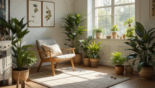 Bright and Cozy Indoor Space with Lush Green Plants and Sunlight Streaming Through Window