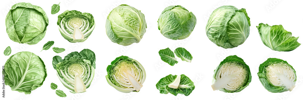 Obraz premium Cabbage on transparent background. Whole, half, slice, cabbage set.
