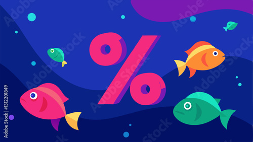 Underwater Vibes Percentage signs submerged in a watery background resembling fish swimming through a colorful ocean of neon hues creating a playful underwater theme.