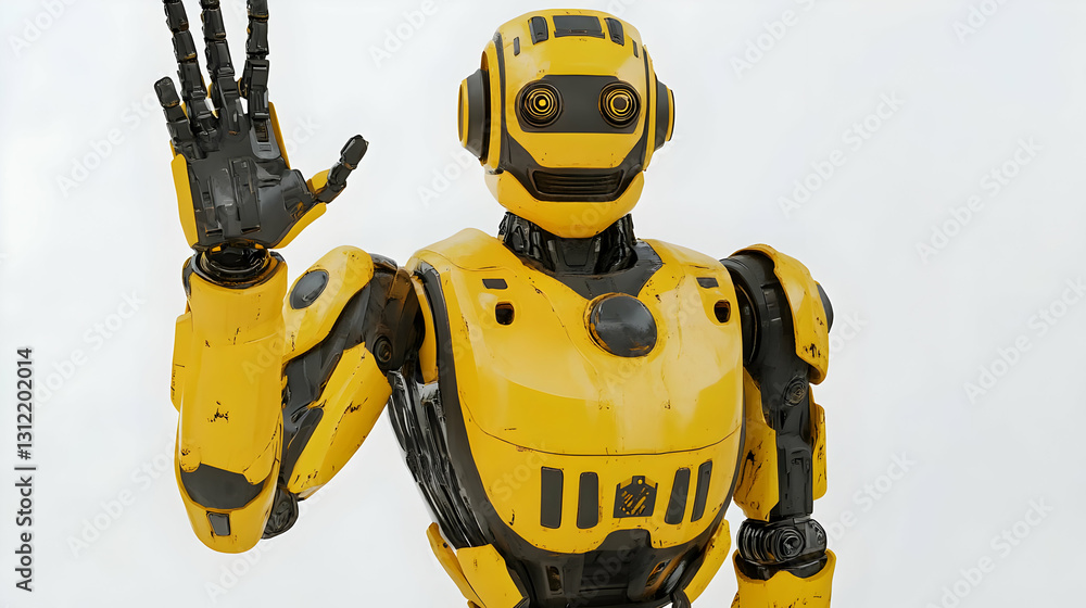 Friendly Yellow Robot Waving on White Background Friendly Yellow Robot Waving on White Background
