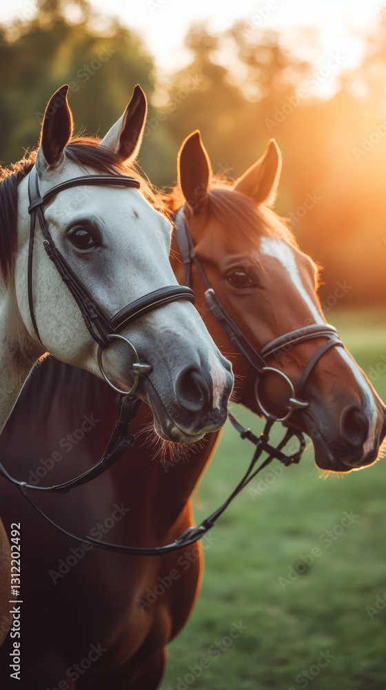Obraz premium Horses nuzzling, bridled, standing side by side in golden sunset-lit grassland, sharing quiet companionship