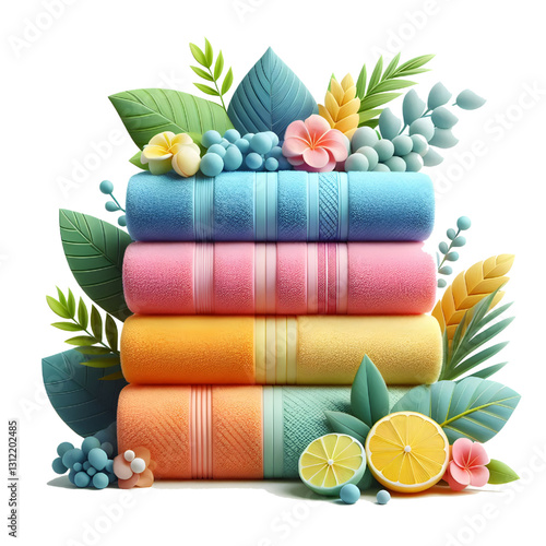 Colorful folded towels for bath room side view isolate on White background