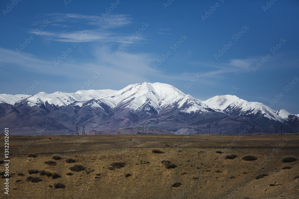 The vast Mongolian steppe stretches toward snow-capped mountains, creating a breathtaking and tranquil landscape.