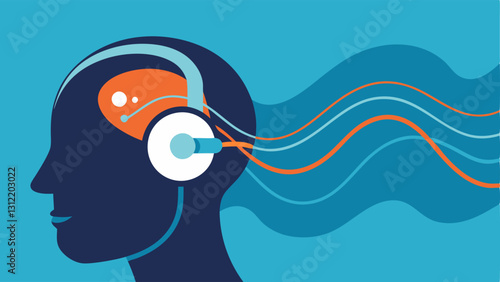 Waves of Relaxation A closeup view of a persons head with a digital headset highlighting flowing lines representing calming brainwave patterns emanating from the device.