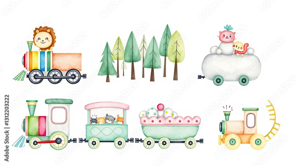 Fototapeta premium Adorable Watercolor Animal Train Illustration Kids Toy Cartoon Cute