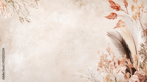 Elegant marble background featuring delicate feather and floral designs, ideal for wall art panels. photo