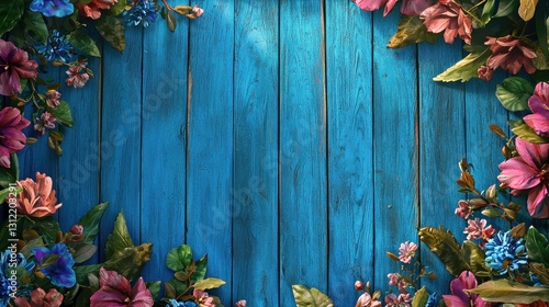 Spring floral border on teal wooden planks