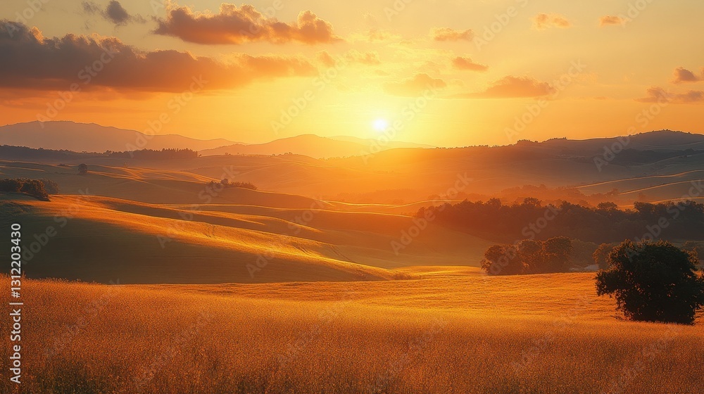 Golden Hour Sunset Over Rolling Hills and Fields Golden Hour Sunset Over Rolling Hills and Fields