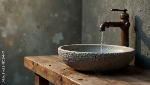 Rustic Water Feature A Textured Stone Vessel Sink with an Antique-Style Faucet, Water Gently Flowing into the Basin on a Weathered Wooden Surface