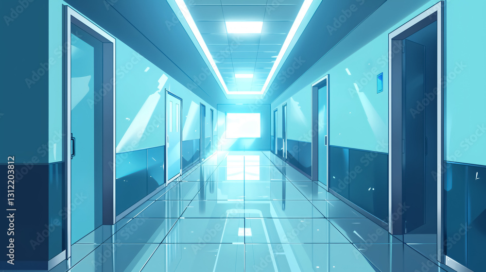 Obraz premium Cool-toned hallway in anime style with a light blue cartoon background. Empty shadow blue wall.