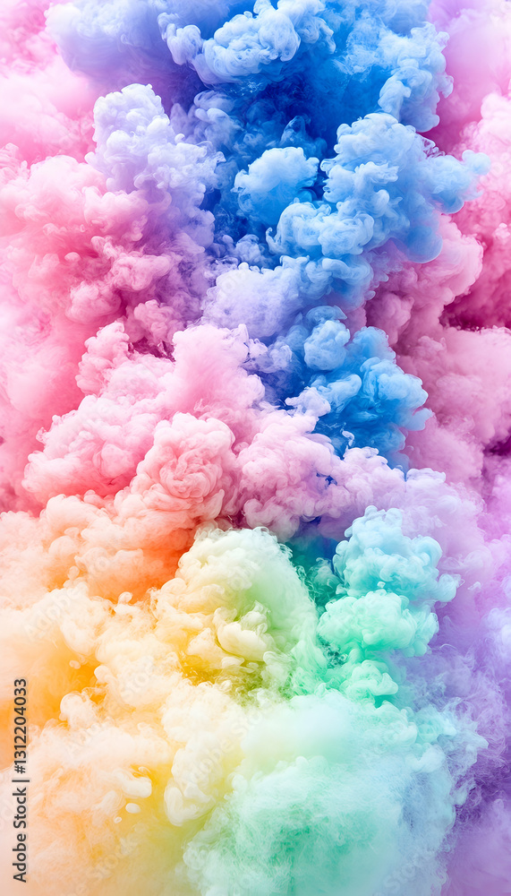 Colorful smoke explosion with vibrant rainbow hues in a vertical burst pattern Colorful smoke explosion with vibrant rainbow hues in a vertical burst pattern