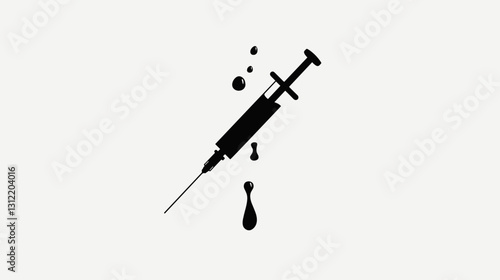 Black syringe with liquid drops on white background
