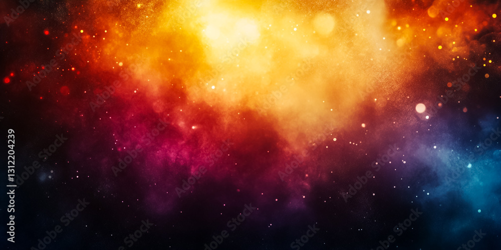 Naklejka premium A vibrant, abstract bokeh background with warm golden and cool blue tones, creating a dreamy, festive, and elegant atmosphere with soft glowing light effects.