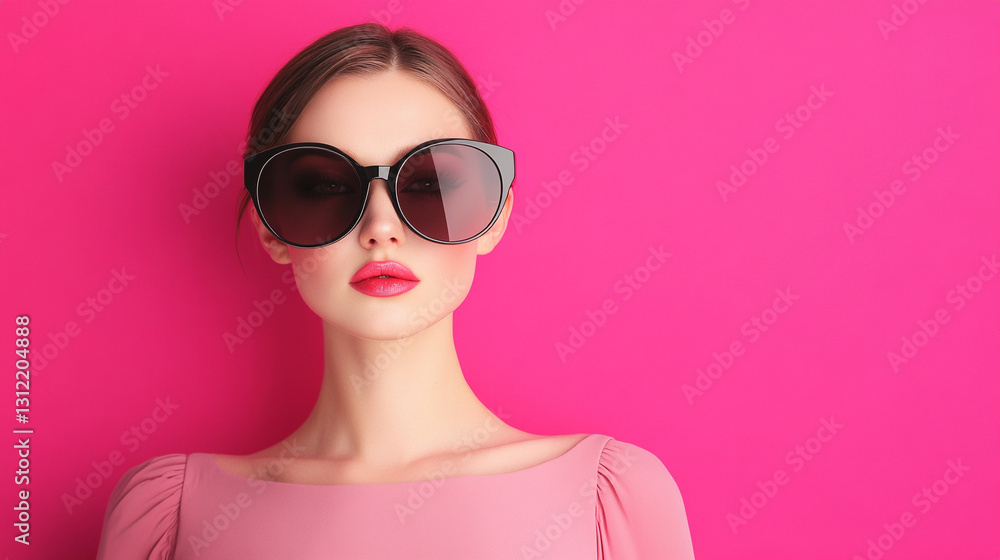 Stylish woman in sunglasses poses against a vibrant pink backdrop, exuding confidence. Stylish woman in sunglasses poses against a vibrant pink backdrop, exuding confidence.