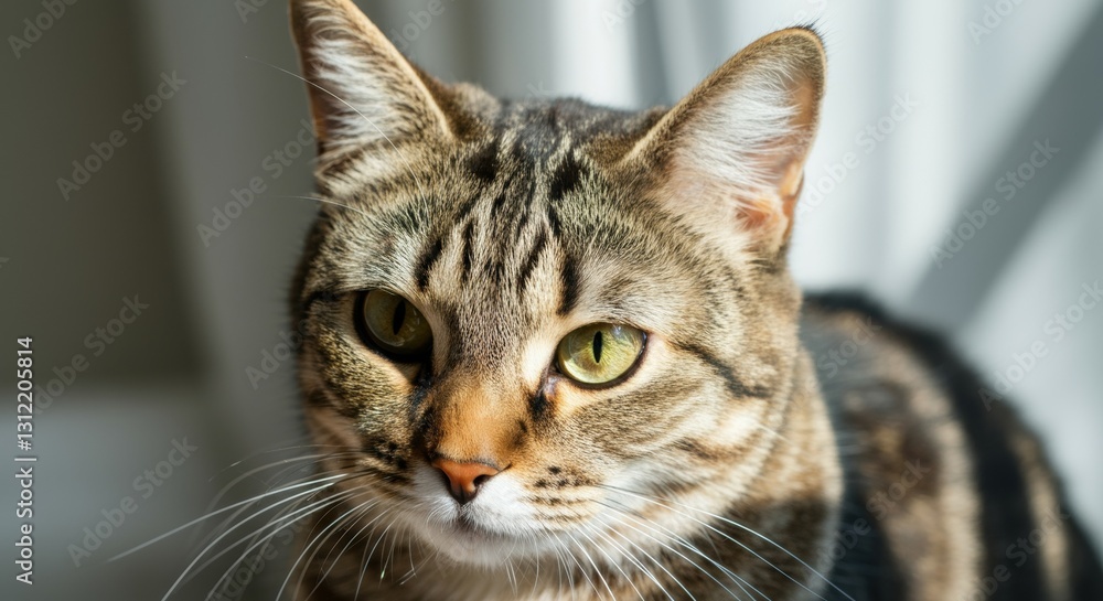 Close-up of a tabby cat with striking yellow eyes in natural light Close-up of a tabby cat with striking yellow eyes in natural light
