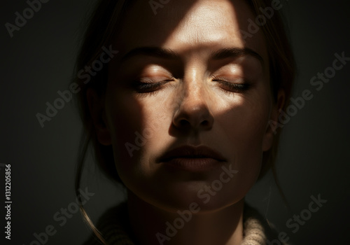 Woman’s face illuminated by dramatic window light casting artistic shadows.
