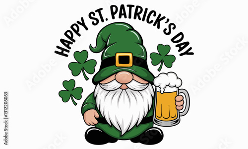Cute St. Patrick's Day gnome holding a beer mug and shamrocks with festive text